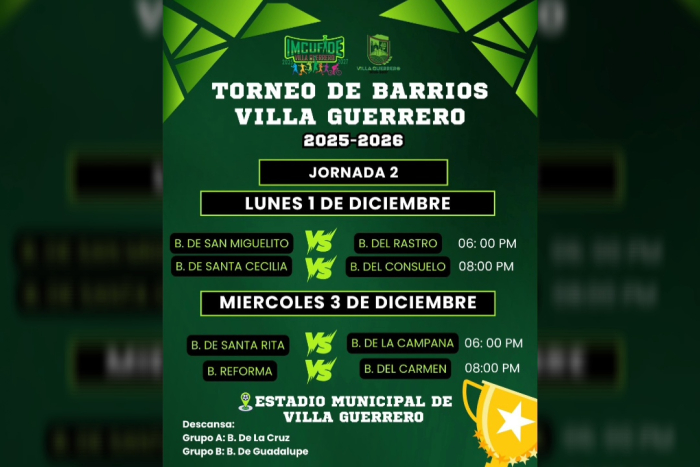 Calendario listo en Villa Guerrero. Así se jugará la Jornada 2 del Torneo de Barrios 2025–2026 en el Estadio Municipal: duelos el lunes 1 y miércoles 3 de diciembre en punto de las 18:00 y 20:00 horas.