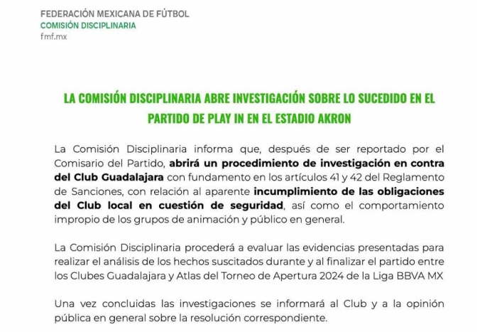 La Federación Mexicana de Futbol (FMF) emitió un comunicado informando sobre la apertura de una investigación