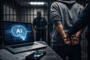 Hombre es presentado ante autoridades mientras un equipo informático permanece encendido, en una imagen ilustrativa sobre las nuevas sanciones en el Estado de México contra la creación y difusión de contenido sexual manipulado con Inteligencia Artificial, delito que podría castigarse con hasta cinco años de prisión.